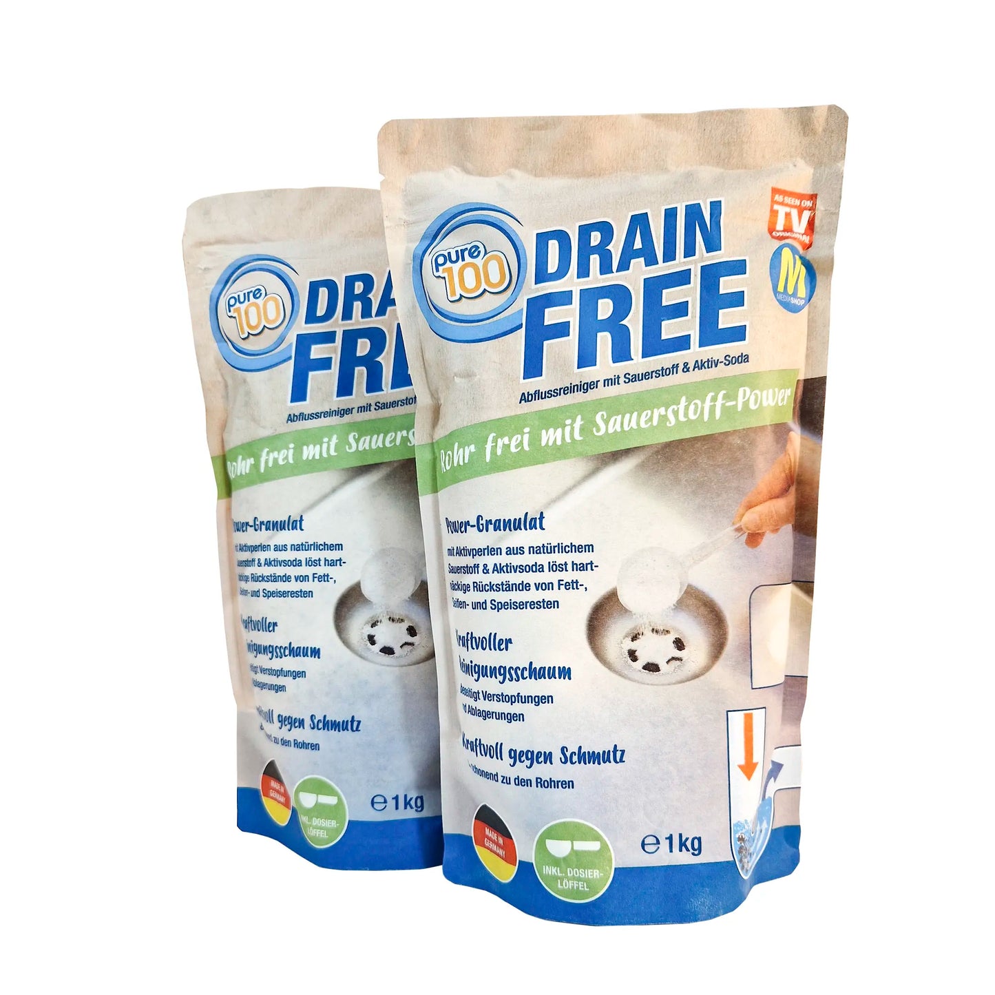 2x 1kg Pure 100 DRAIN FREE - Abflussreiniger mit Sauerstoff & Aktiv-Soda