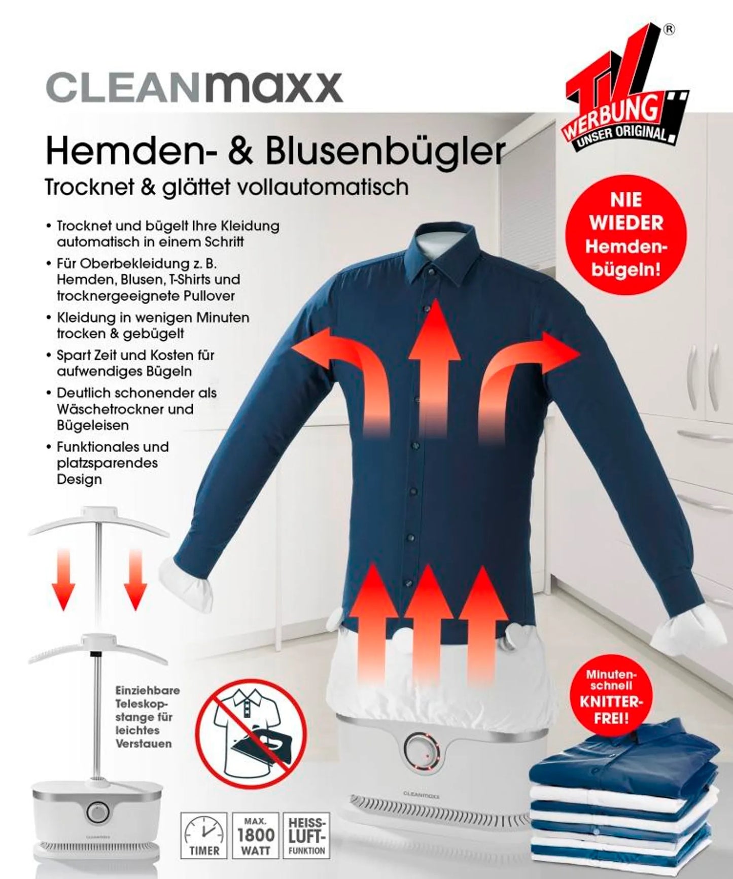 CLEANmaxx Bügler für Hemden & Blusen in Weiß/Silber - 1800 Wat