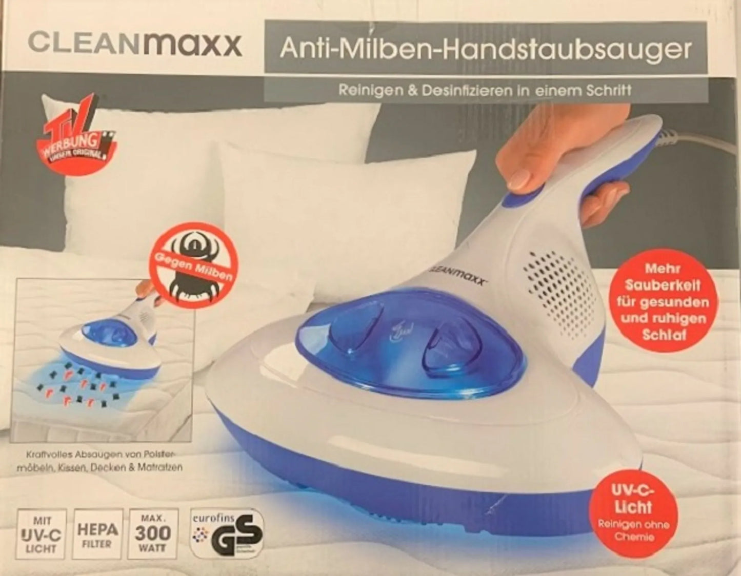 CLEANmaxx Milben-Handstaubsauger mit UV-C-Licht - Reinigen & Desinfizieren in einem Schritt Anti Milbensauger mit UV C Licht 300W HEPA Milben Handstaubsauger Cleanmaxx NEU