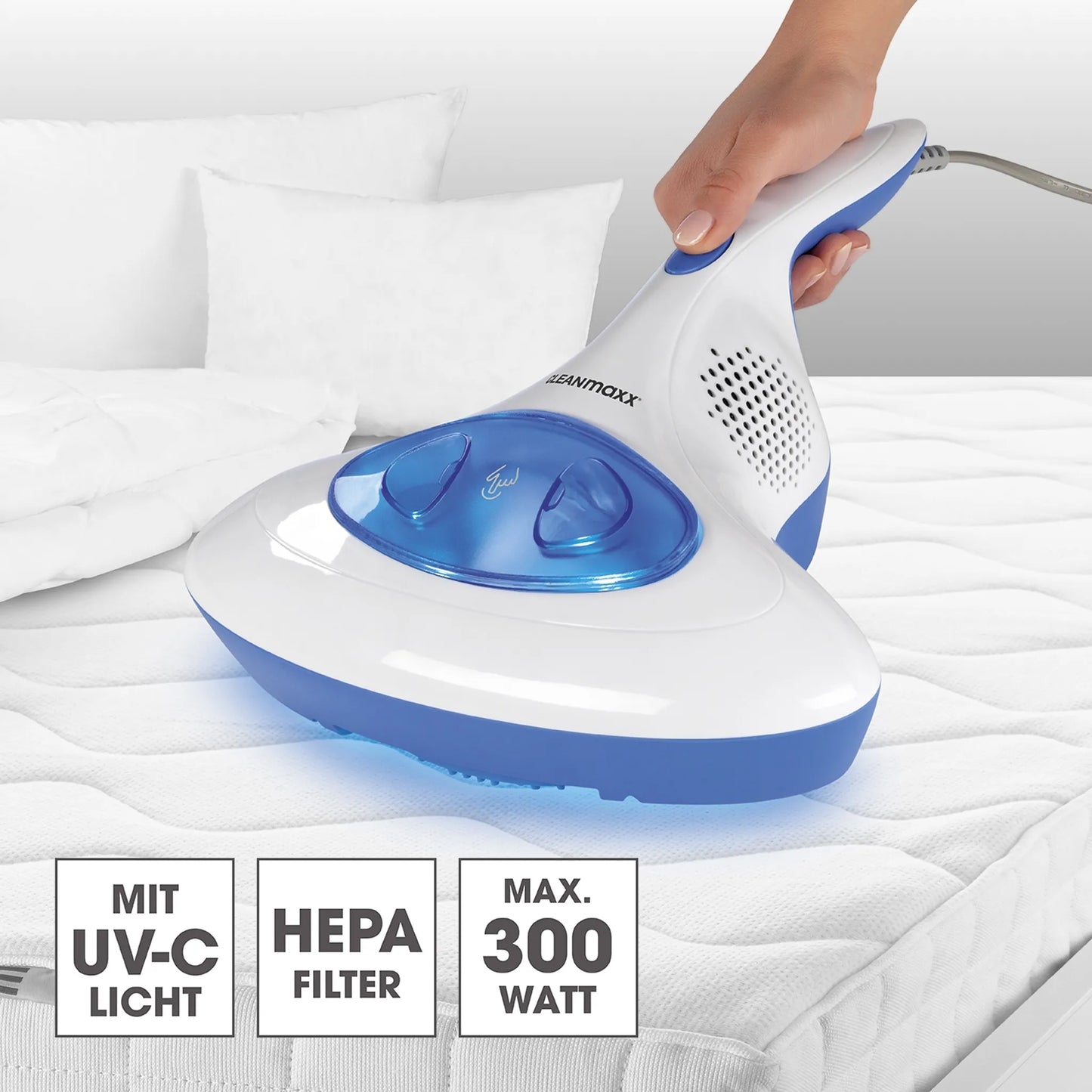 CLEANmaxx Milben-Handstaubsauger mit UV-C-Licht - Reinigen & Desinfizieren in einem Schritt Anti Milbensauger mit UV C Licht 300W HEPA Milben Handstaubsauger Cleanmaxx NEU