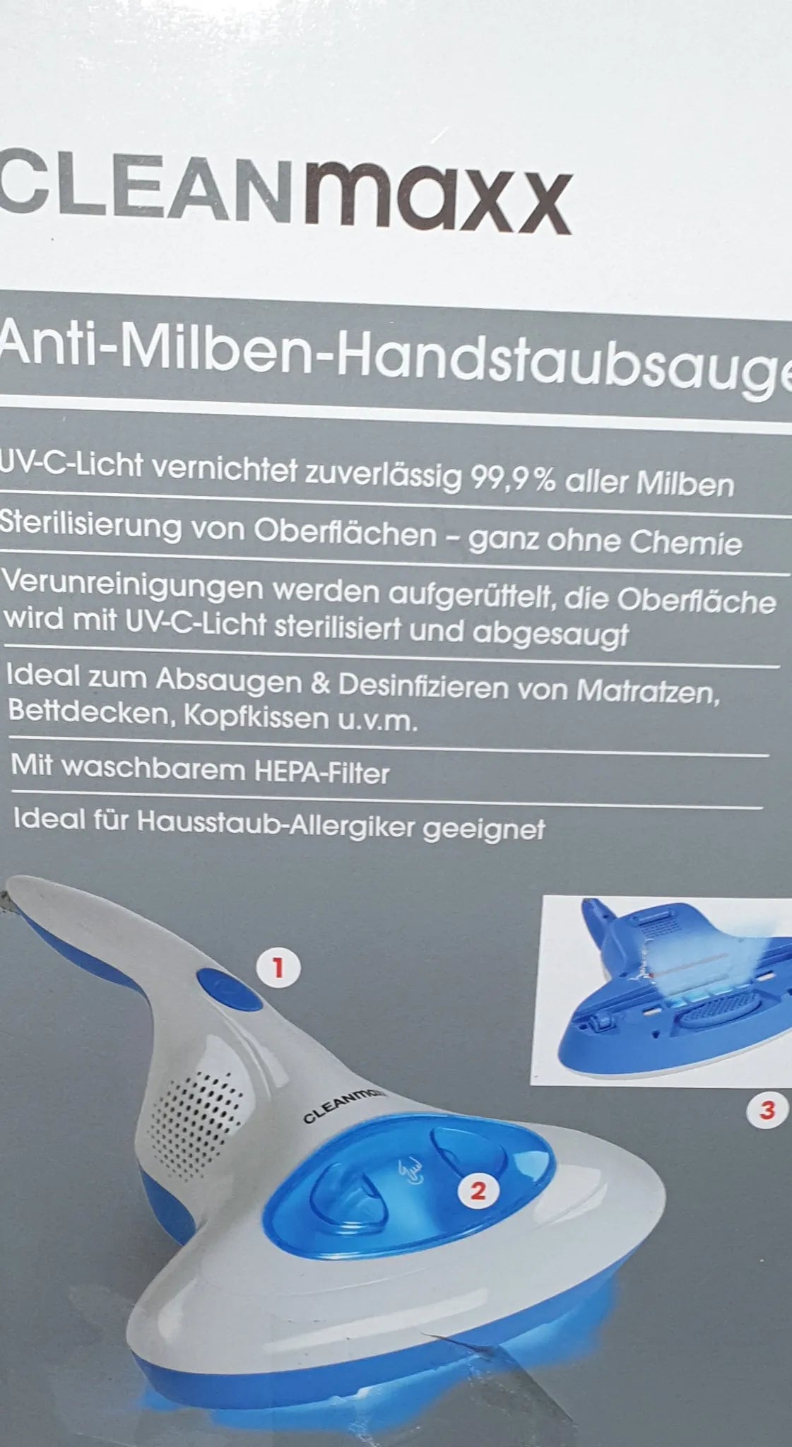 CLEANmaxx Milben-Handstaubsauger mit UV-C-Licht - Reinigen & Desinfizieren in einem Schritt Anti Milbensauger mit UV C Licht 300W HEPA Milben Handstaubsauger Cleanmaxx NEU