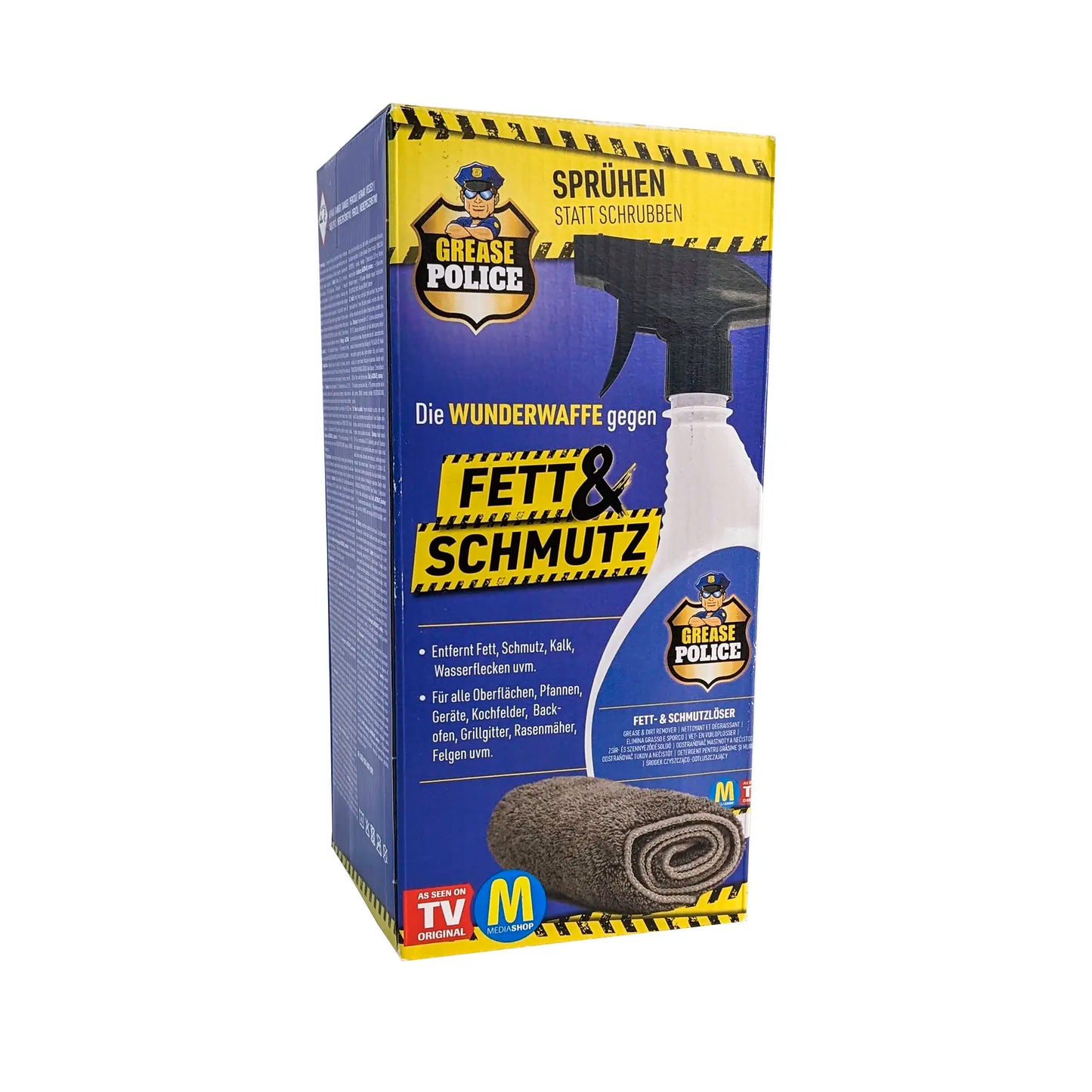 Grease Police inkl. Mikrofasertuch | kraftvoller Reiniger gegen Fett, Schmutz und eingebranntes | universal Fettlöser für Küche, Bad, Garten uvm. | das Original aus dem TV