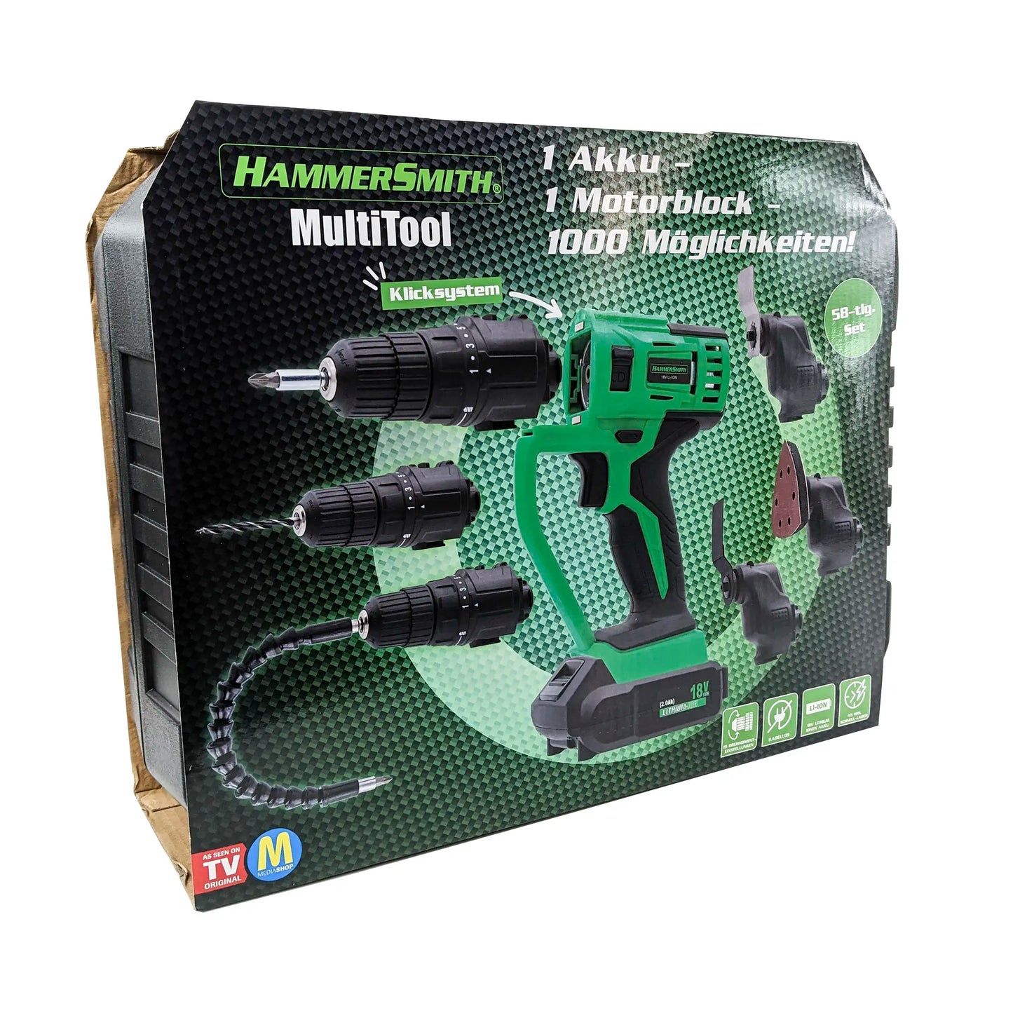 Hammersmith MultiTool - 58tlg. Akku Multifunktions-Werkzeug zum Bohren, Schrauben, Schneiden, Schleifen, Schaben