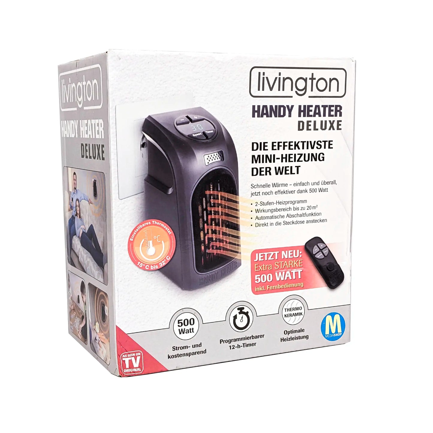 LIVINGTON Handy Heater 500 Watt - Fernbedienung, Thermostat und Timer - Effiziente Wärme auf Knopfdruck