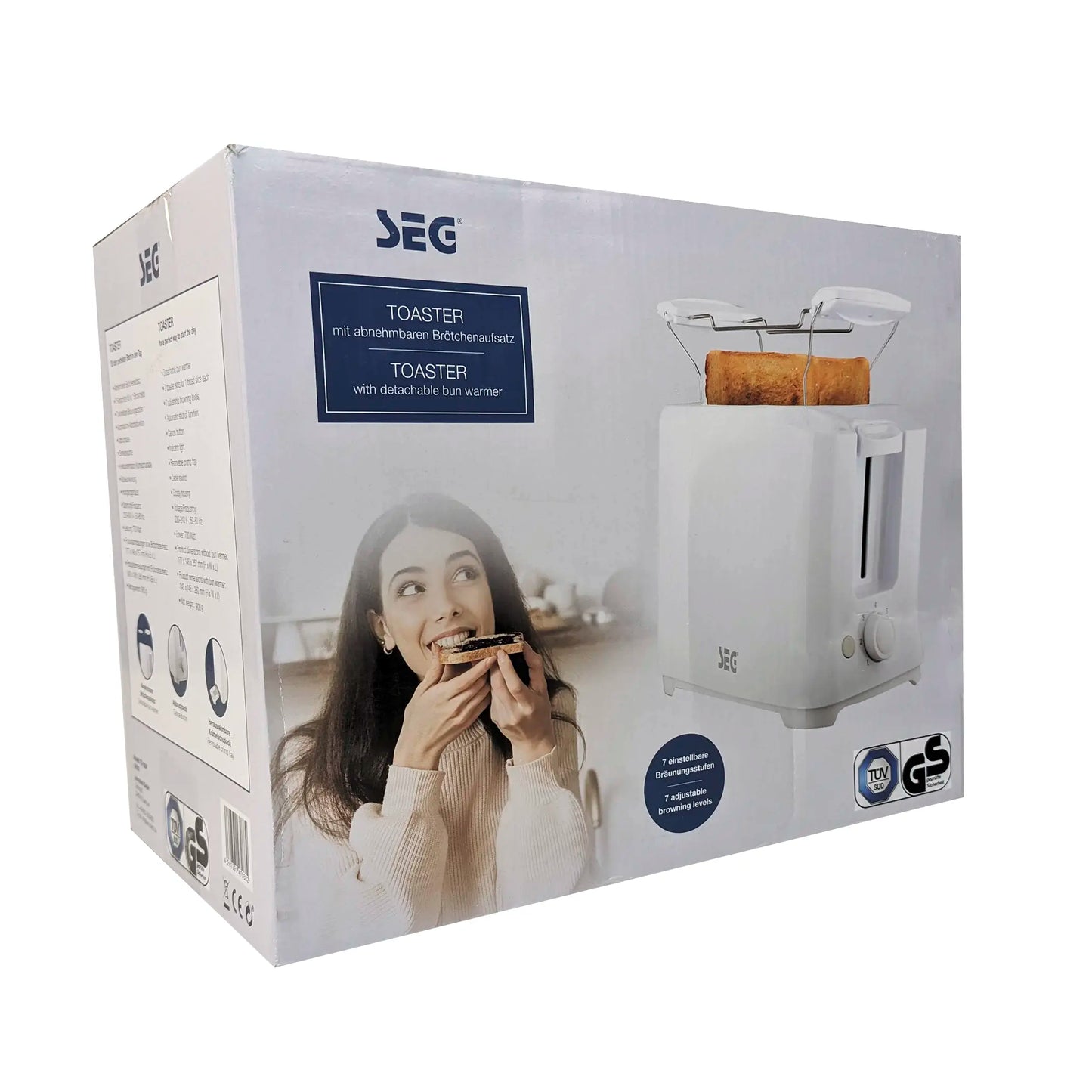 SEG Toaster mit abnehmbaren Brötchenaufsatz und 7 einstellbaren Bräunungsstufen 700 Watt in Weiss