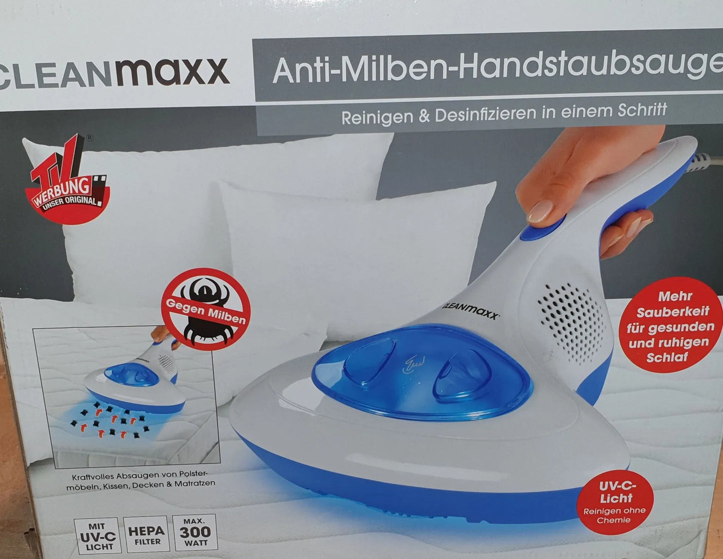 CLEANmaxx Milben-Handstaubsauger mit UV-C-Licht - Reinigen & Desinfizieren in einem Schritt Anti Milbensauger mit UV C Licht 300W HEPA Milben Handstaubsauger Cleanmaxx NEU