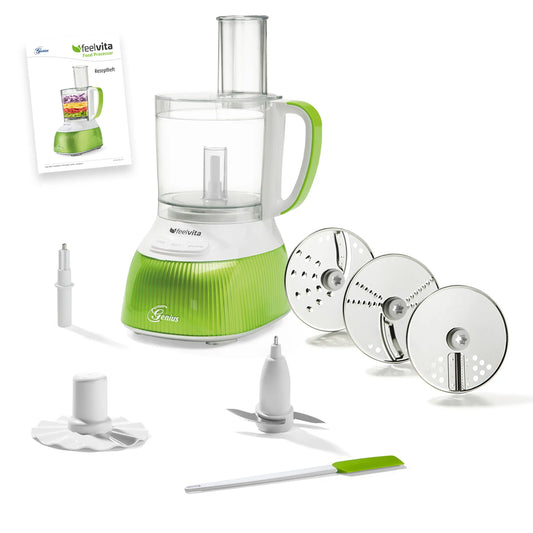 Genius Feelvita Food Processor inkl. GRATIS Zubehör (Set 12 Teile) Standmixer Smoothie Maker Zerkleinerer in kiwi A8089