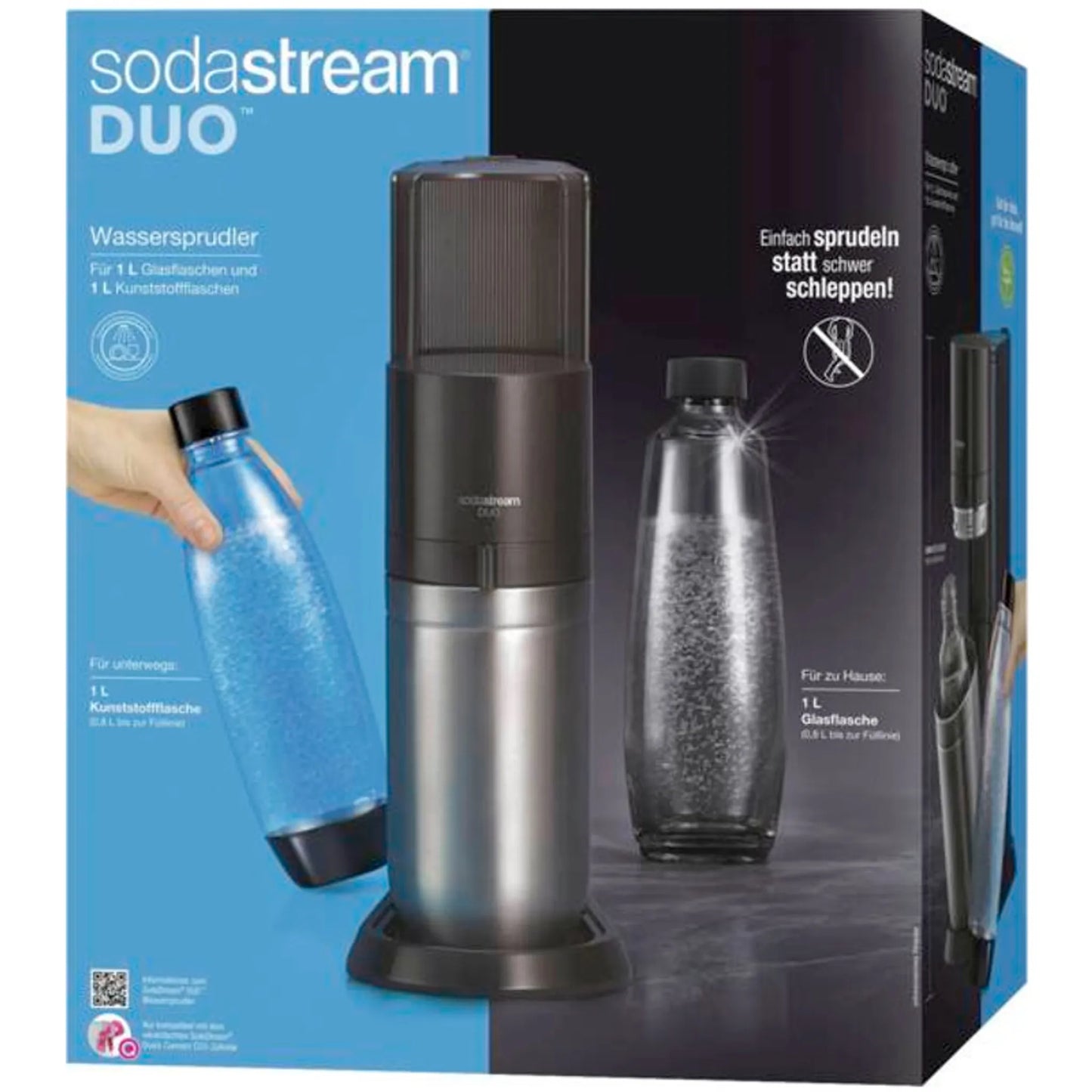 SodaStream DuoTitan Trinkwassersprudler, inkl. 1x 1 Liter Glasflasche, 1x 1 Liter PET, 1 x Quick Connect Zylinder